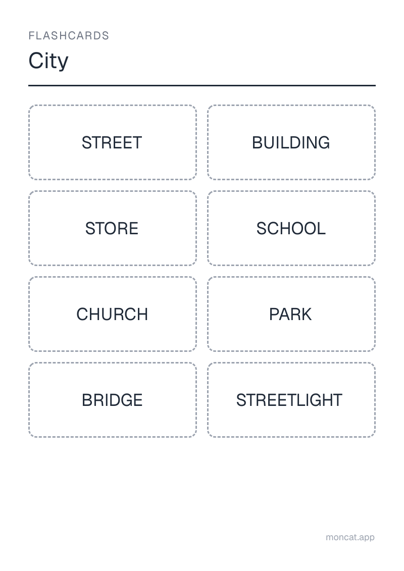 Sample printable Flashcards on “City” with the words: street, building, store, school, church, park, bridge, streetlight