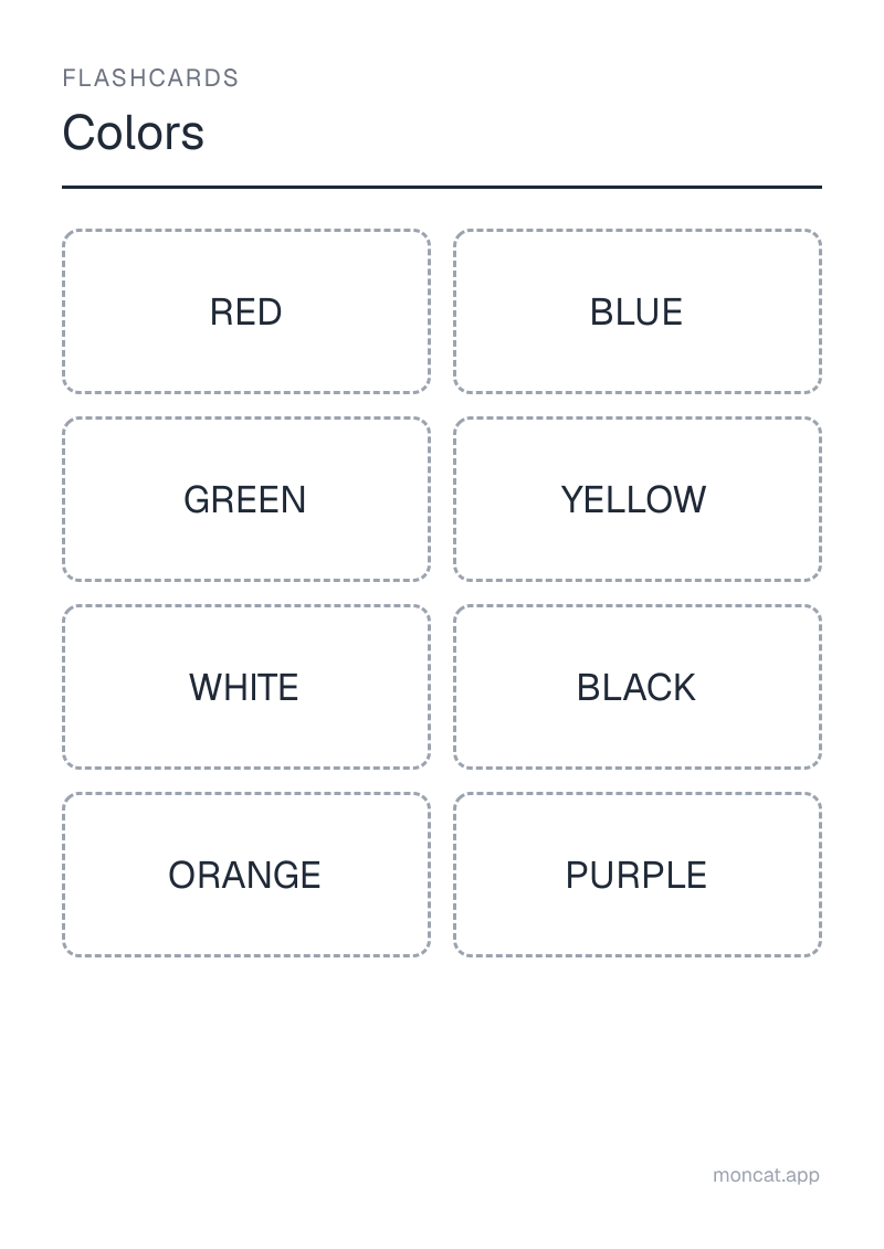 Sample printable Flashcards on “Colors” with the words: red, blue, green, yellow, white, black, orange, purple