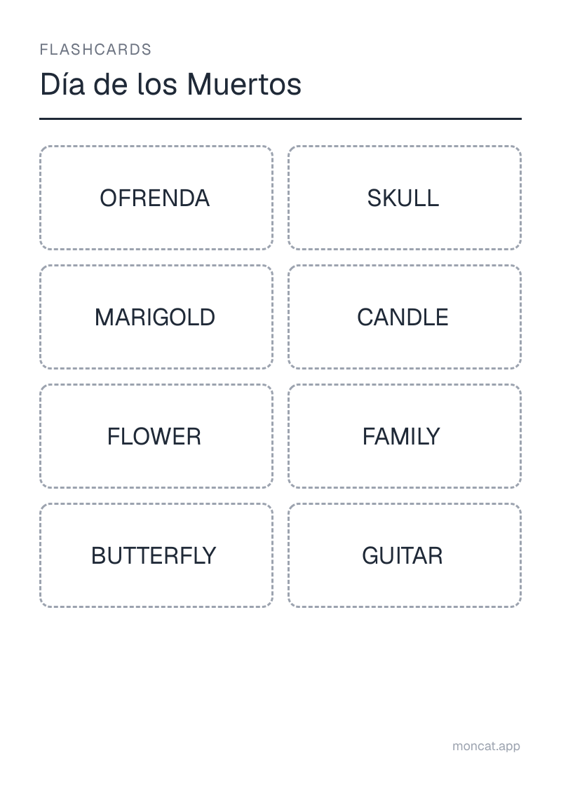 Sample printable Flashcards on “Día de los Muertos” with the words: ofrenda, skull, marigold, candle, flower, family, butterfly, guitar