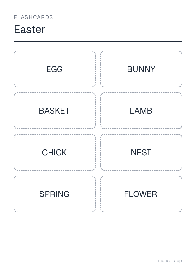 Sample printable Flashcards on “Easter” with the words: egg, bunny, basket, lamb, chick, nest, spring, flower