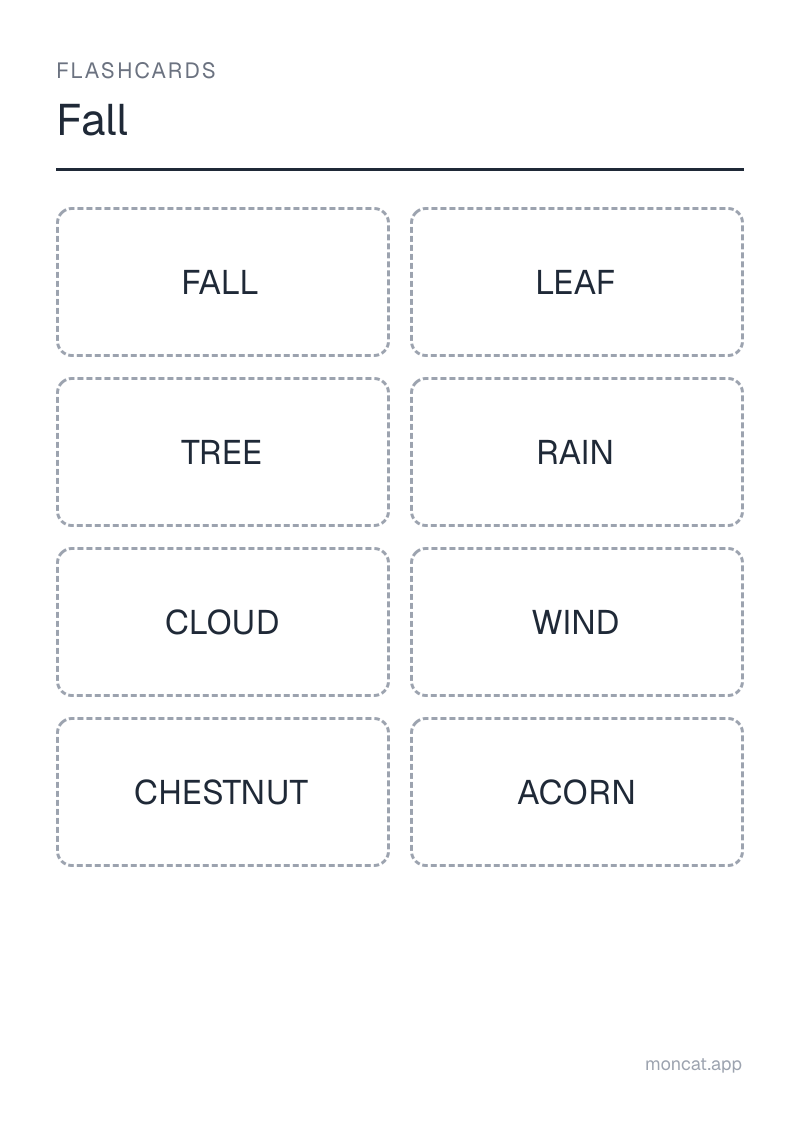 Sample printable Flashcards on “Fall” with the words: fall, leaf, tree, rain, cloud, wind, chestnut, acorn