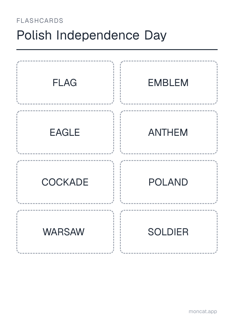Sample printable Flashcards on “Polish Independence Day” with the words: flag, emblem, eagle, anthem, cockade, poland, warsaw, soldier