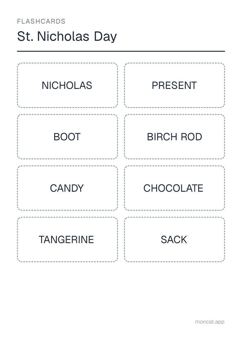 Sample printable Flashcards on “St. Nicholas Day” with the words: nicholas, present, boot, birch rod, candy, chocolate, tangerine, sack