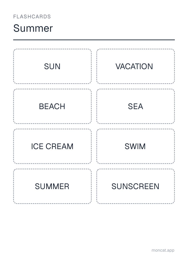 Sample printable Flashcards on “Summer” with the words: sun, vacation, beach, sea, ice cream, swim, summer, sunscreen