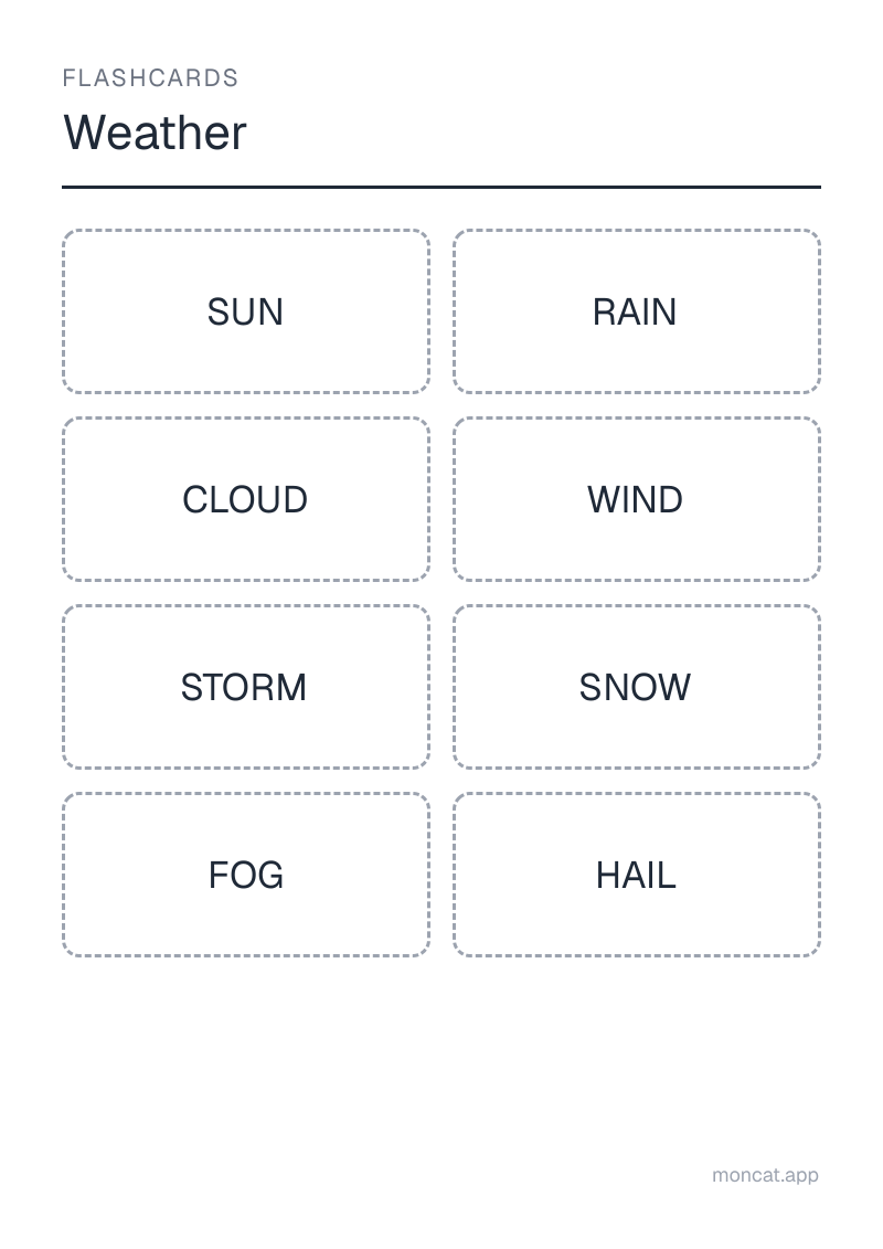 Sample printable Flashcards on “Weather” with the words: sun, rain, cloud, wind, storm, snow, fog, hail