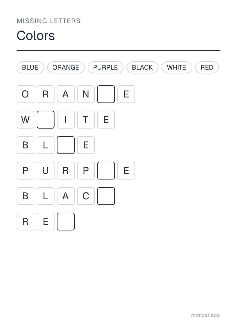Sample printable Missing Letters on “Colors” with the words: red, blue, white, black, orange, purple