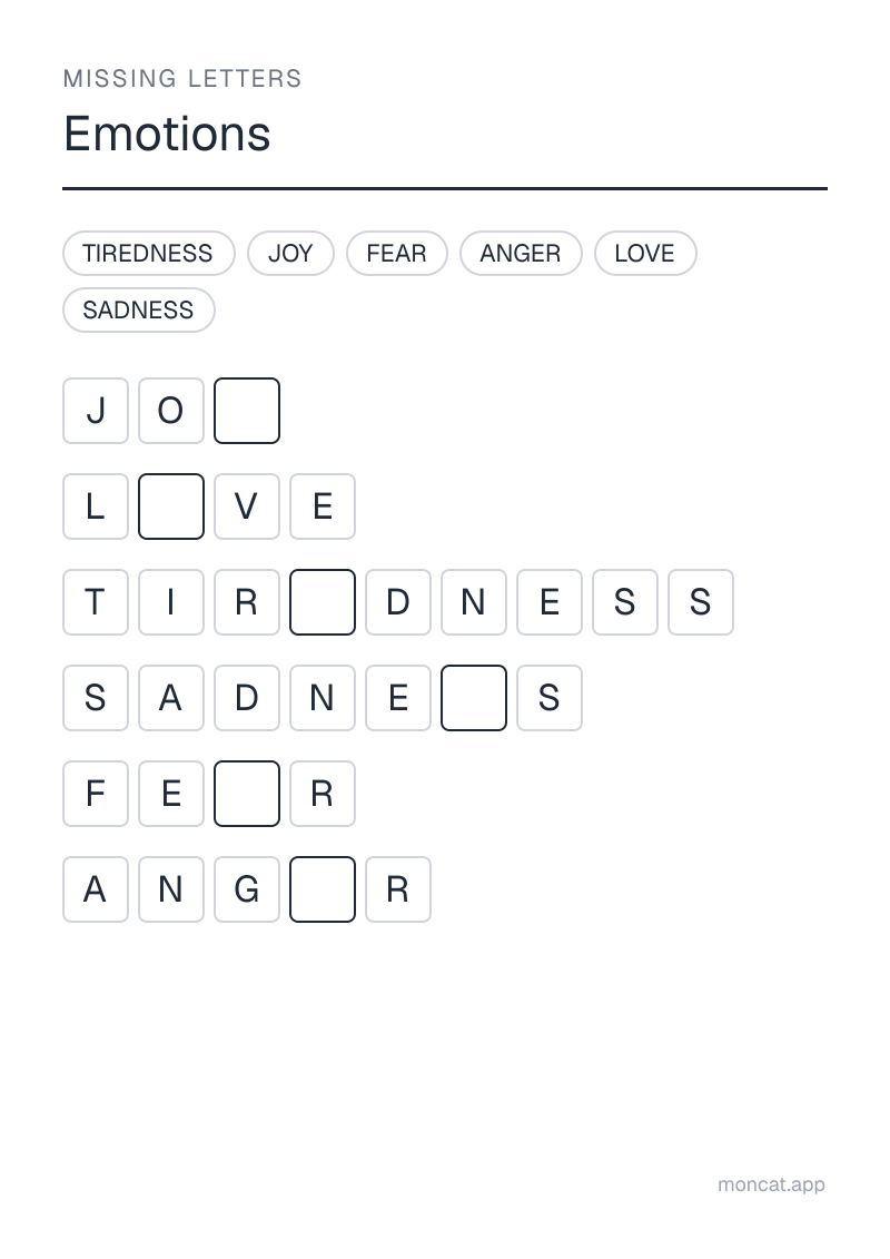 Sample printable Missing Letters on “Emotions” with the words: joy, sadness, anger, fear, love, tiredness