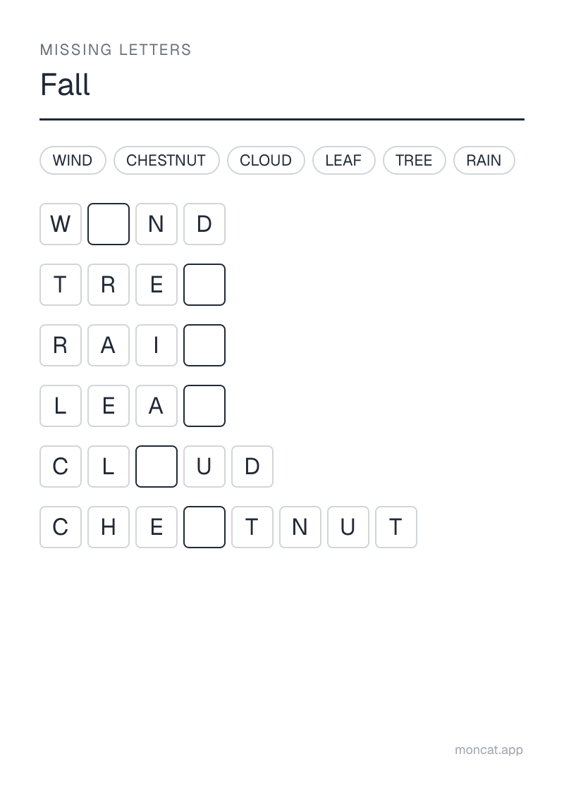 Sample printable Missing Letters on “Fall” with the words: leaf, tree, rain, cloud, wind, chestnut