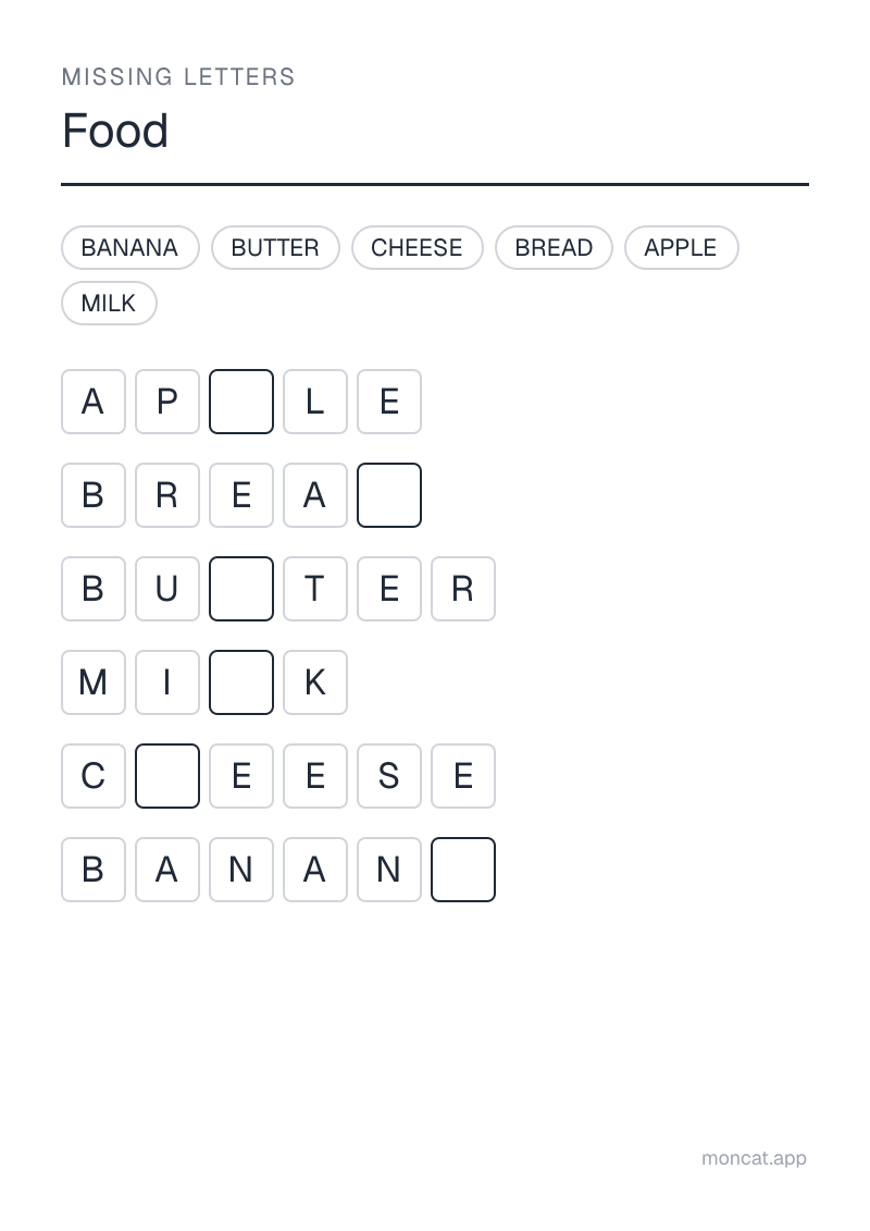 Sample printable Missing Letters on “Food” with the words: bread, butter, milk, cheese, apple, banana