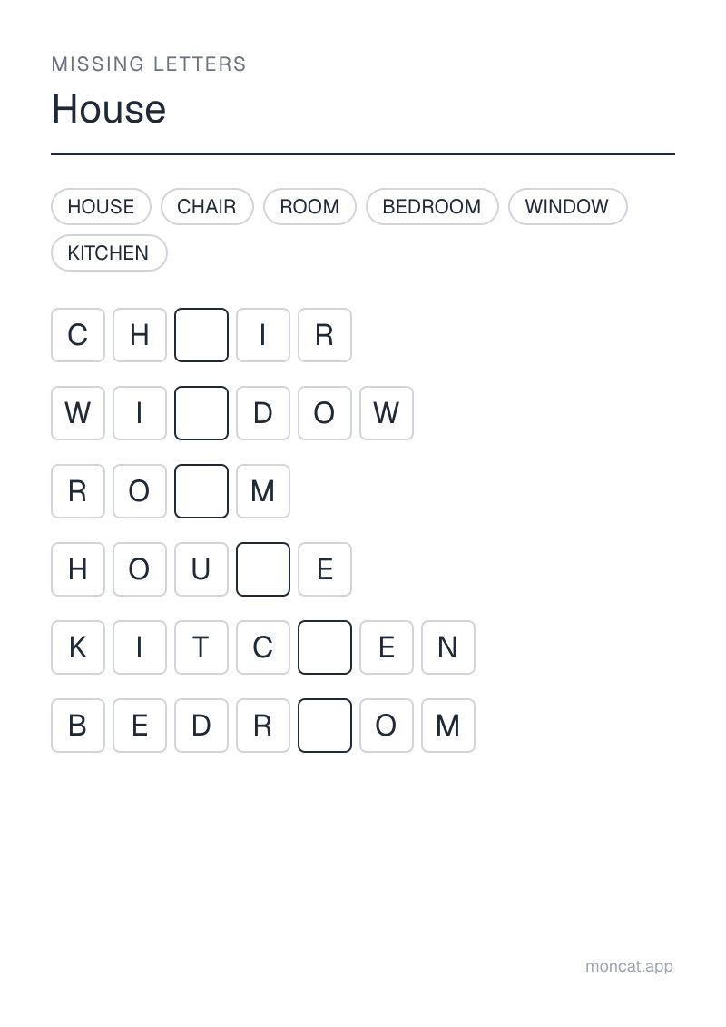 Sample printable Missing Letters on “House” with the words: house, room, kitchen, bedroom, window, chair
