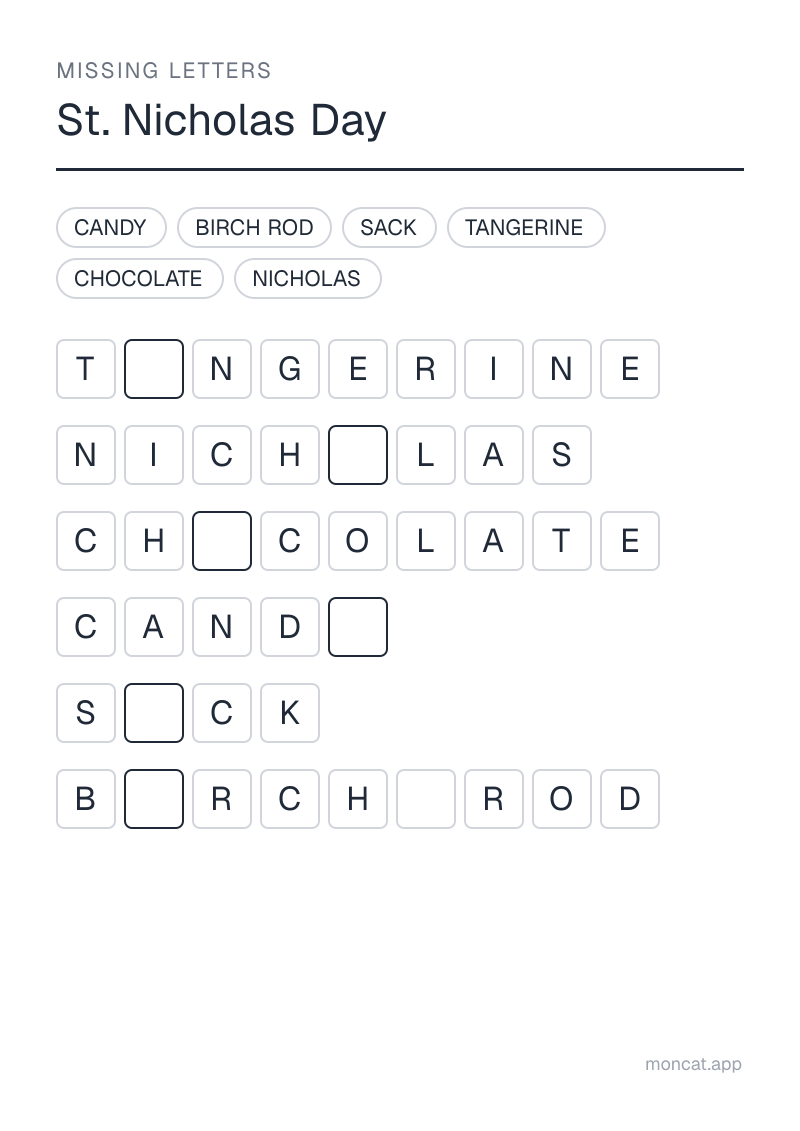 Sample printable Missing Letters on “St. Nicholas Day” with the words: nicholas, birch rod, candy, chocolate, tangerine, sack