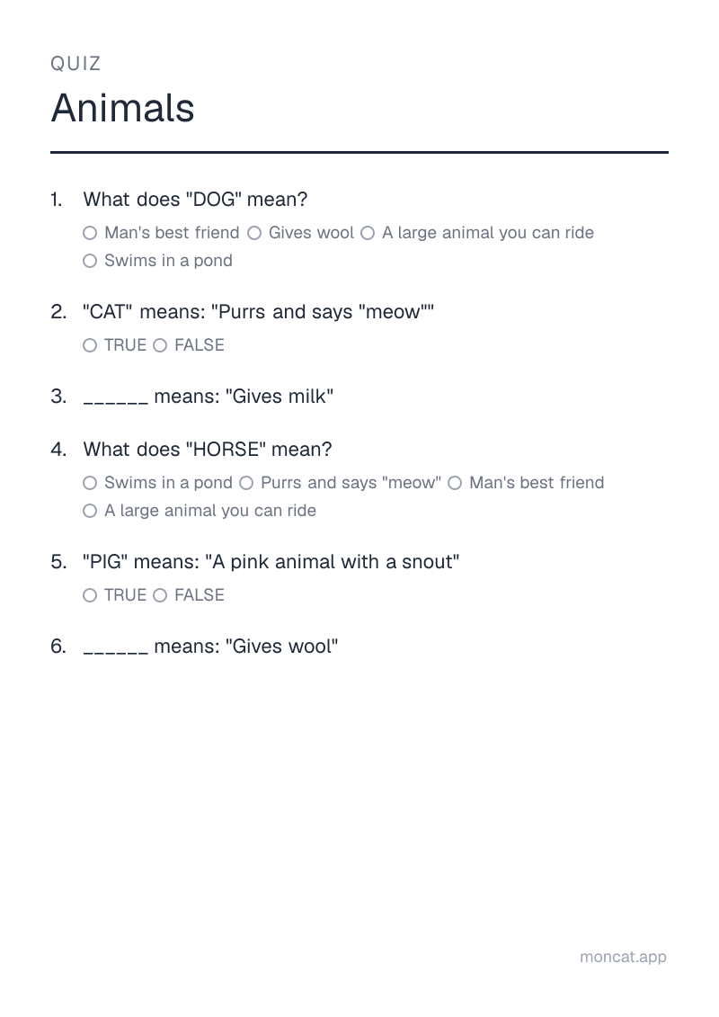 Sample printable Quiz on “Animals” with the words: dog, cat, cow, horse, pig, sheep