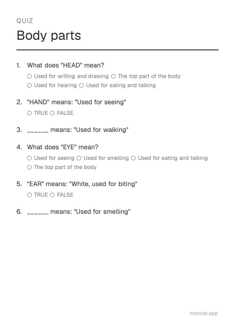 Sample printable Quiz on “Body parts” with the words: head, hand, leg, eye, ear, nose