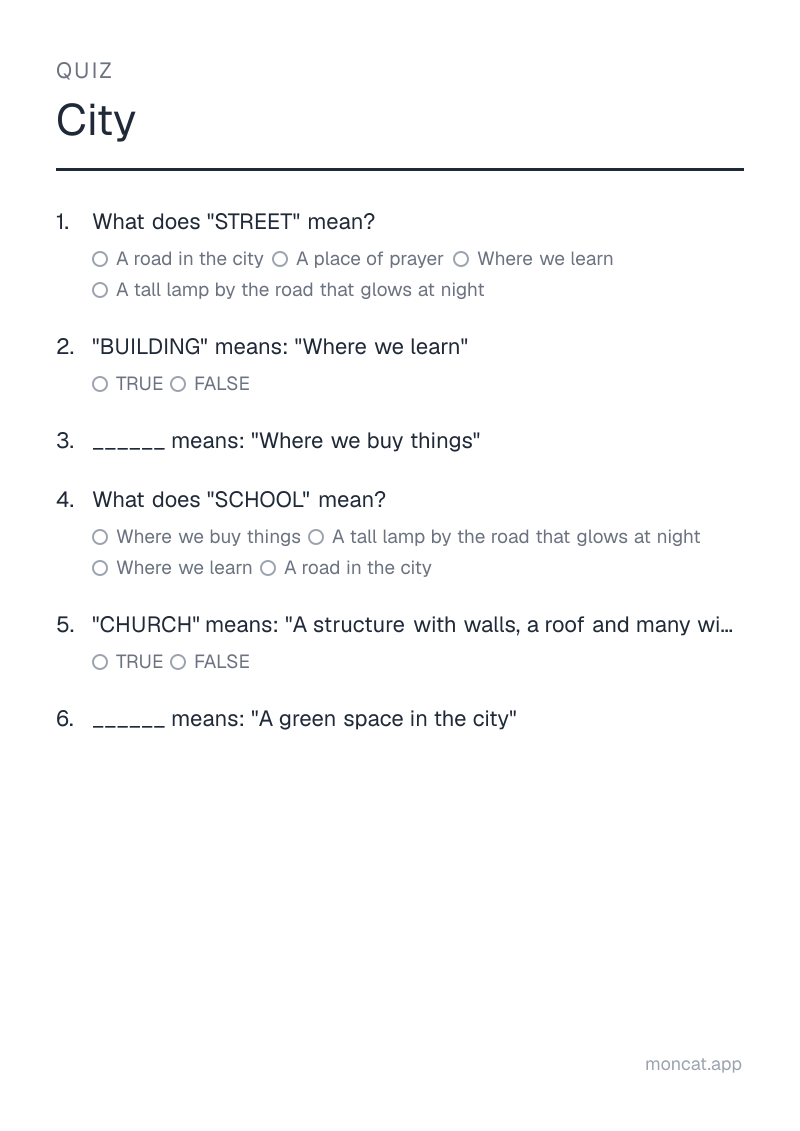 Sample printable Quiz on “City” with the words: street, building, store, school, church, park