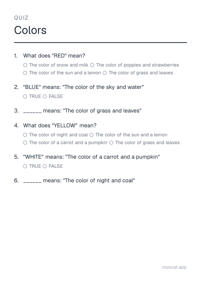 Sample printable Quiz on “Colors” with the words: red, blue, green, yellow, white, black