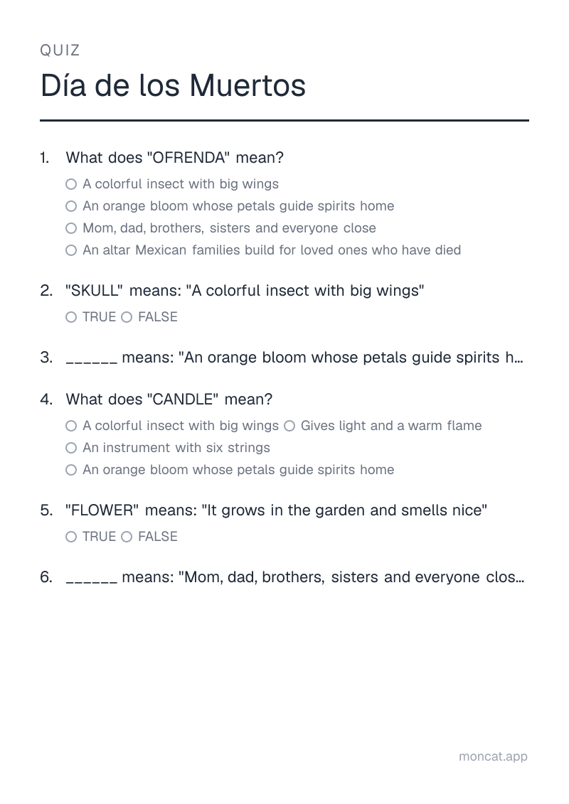Sample printable Quiz on “Día de los Muertos” with the words: ofrenda, skull, marigold, candle, flower, family