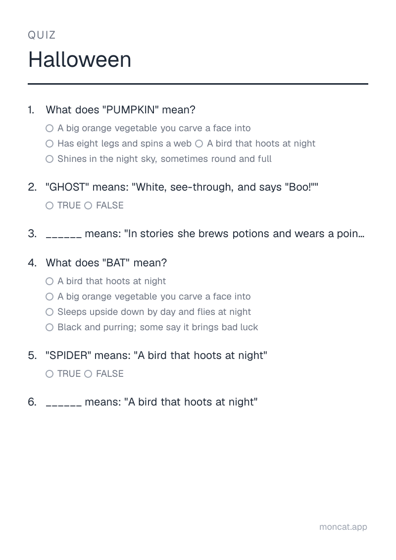 Sample printable Quiz on “Halloween” with the words: pumpkin, ghost, witch, bat, spider, owl