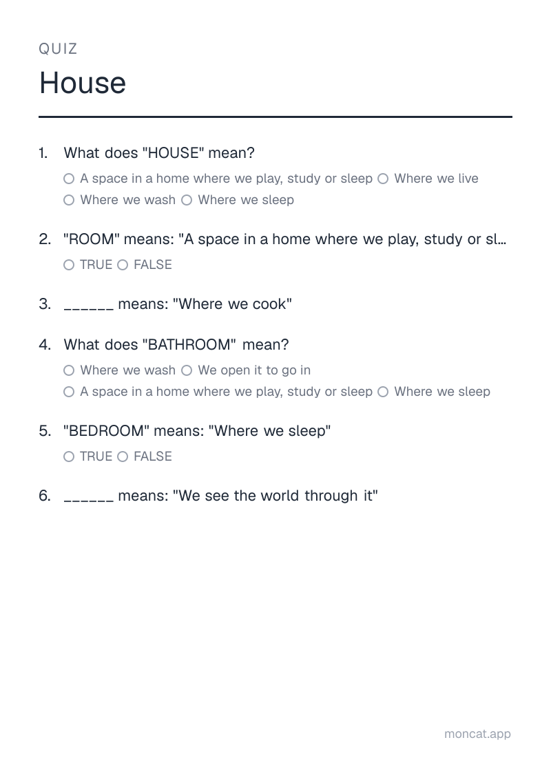 Sample printable Quiz on “House” with the words: house, room, kitchen, bathroom, bedroom, window