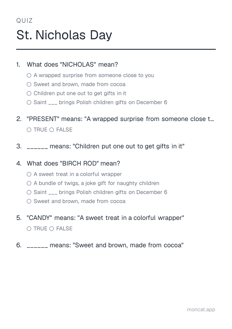 Sample printable Quiz on “St. Nicholas Day” with the words: nicholas, present, boot, birch rod, candy, chocolate