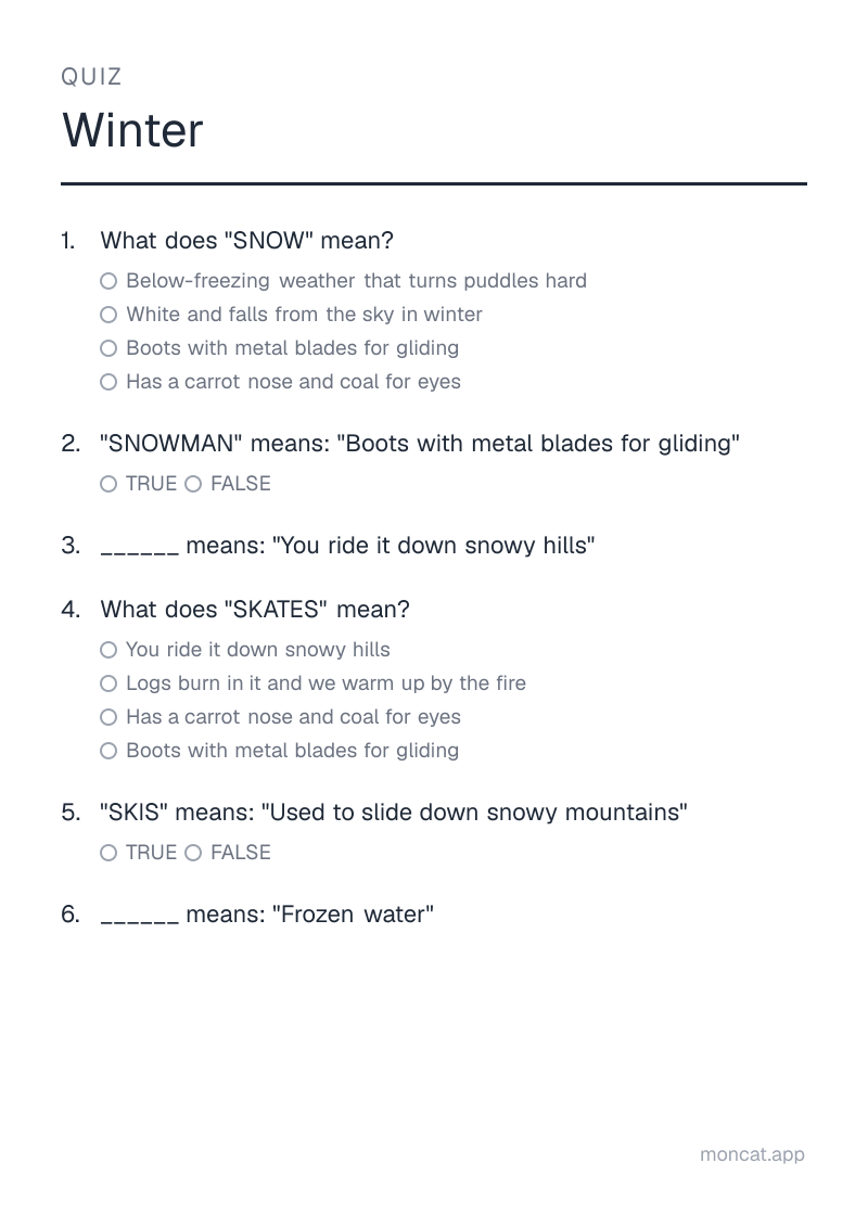 Sample printable Quiz on “Winter” with the words: snow, snowman, sled, skates, skis, ice
