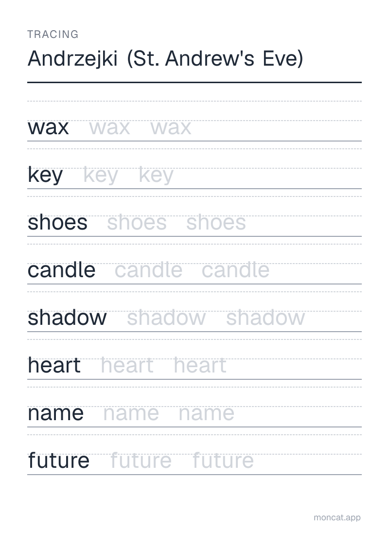 Sample printable Tracing on “Andrzejki (St. Andrew's Eve)” with the words: wax, key, shoes, candle, shadow, heart, name, future