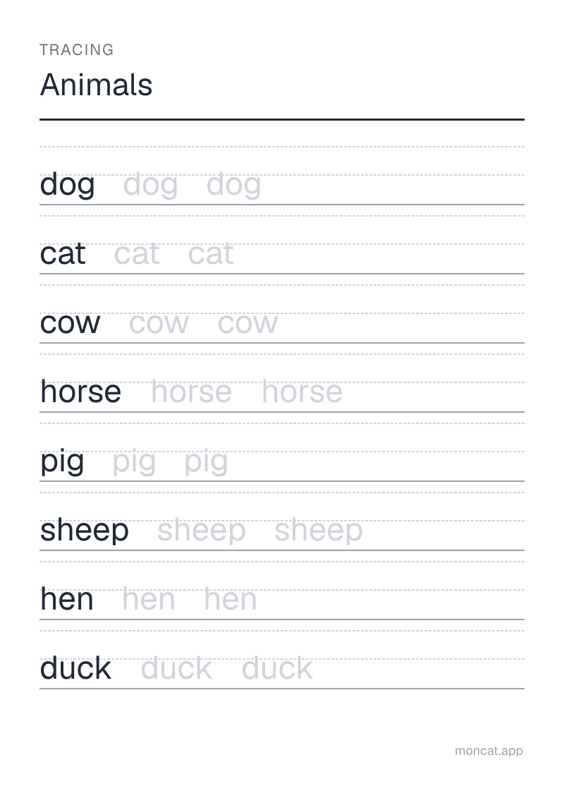 Sample printable Tracing on “Animals” with the words: dog, cat, cow, horse, pig, sheep, hen, duck