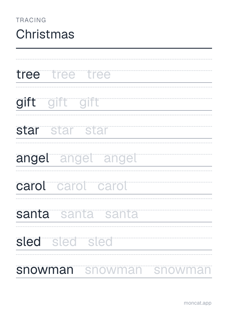 Sample printable Tracing on “Christmas” with the words: tree, gift, star, angel, carol, santa, sled, snowman