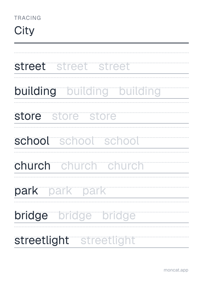 Sample printable Tracing on “City” with the words: street, building, store, school, church, park, bridge, streetlight