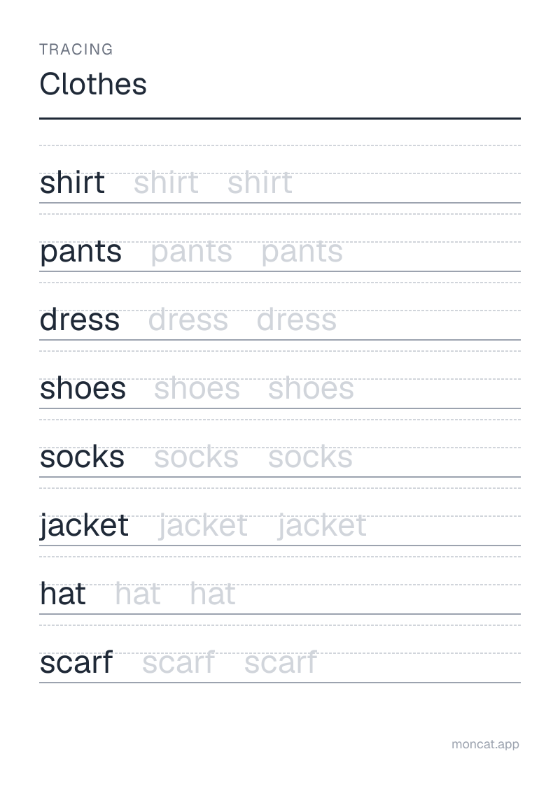 Sample printable Tracing on “Clothes” with the words: shirt, pants, dress, shoes, socks, jacket, hat, scarf