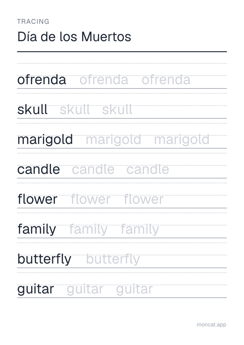 Sample printable Tracing on “Día de los Muertos” with the words: ofrenda, skull, marigold, candle, flower, family, butterfly, guitar