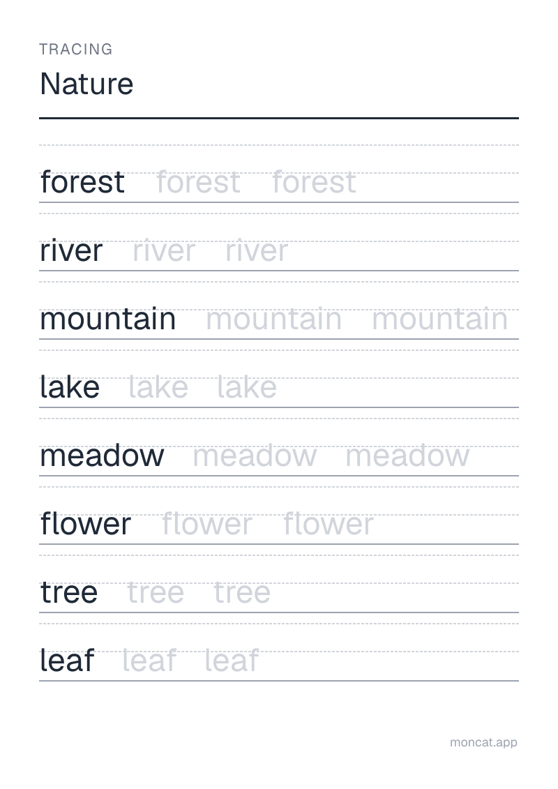 Sample printable Tracing on “Nature” with the words: forest, river, mountain, lake, meadow, flower, tree, leaf