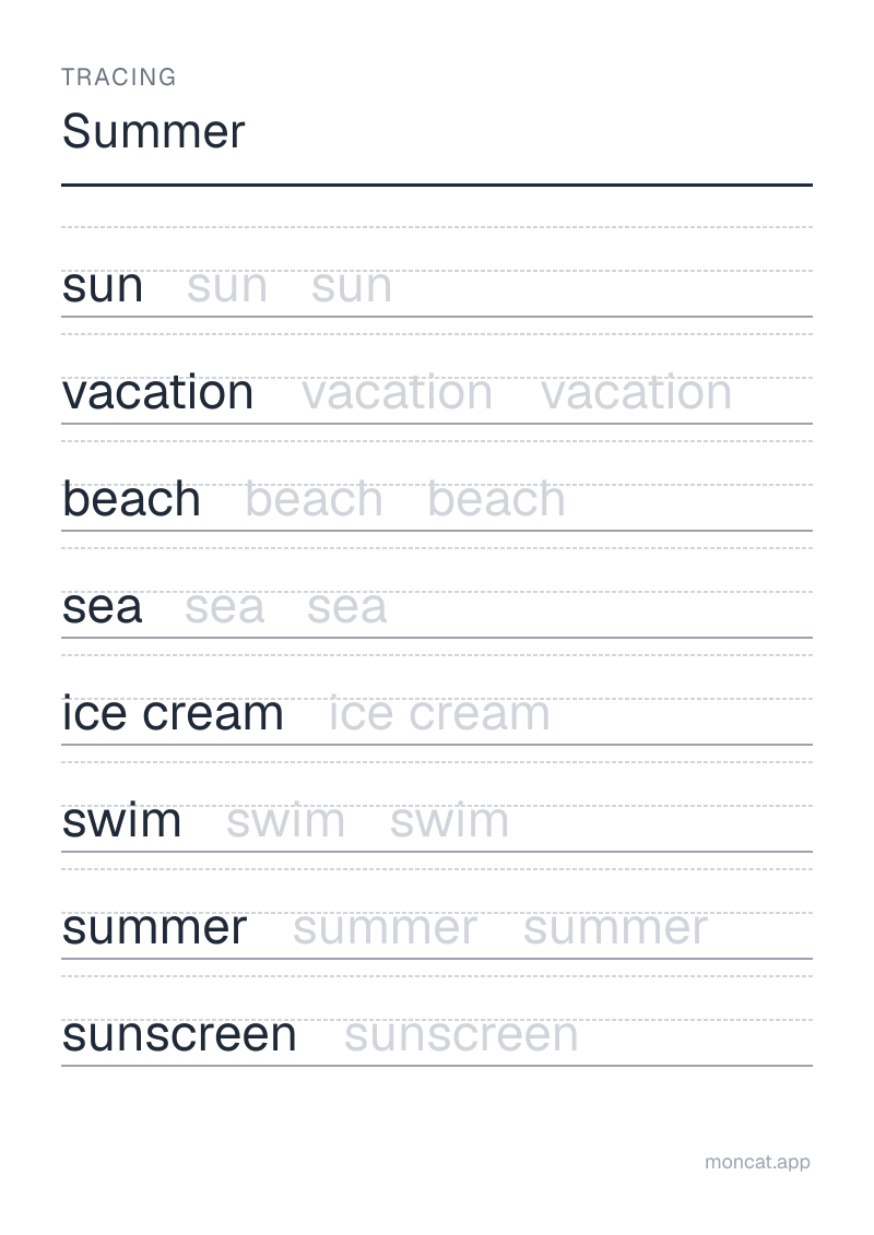 Sample printable Tracing on “Summer” with the words: sun, vacation, beach, sea, ice cream, swim, summer, sunscreen