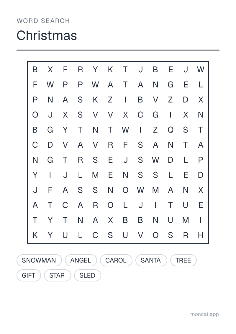 Sample printable Word Search on “Christmas” with the words: tree, gift, star, angel, carol, santa, sled, snowman