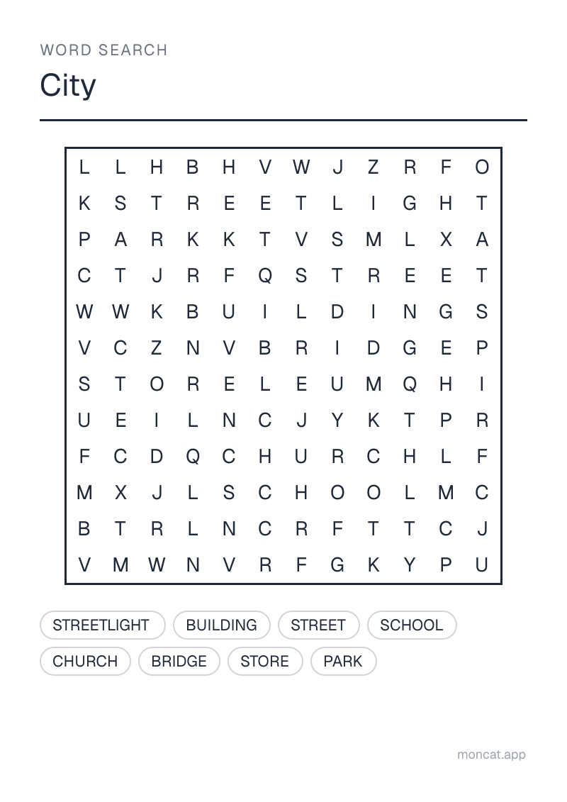 Sample printable Word Search on “City” with the words: street, building, store, school, church, park, bridge, streetlight
