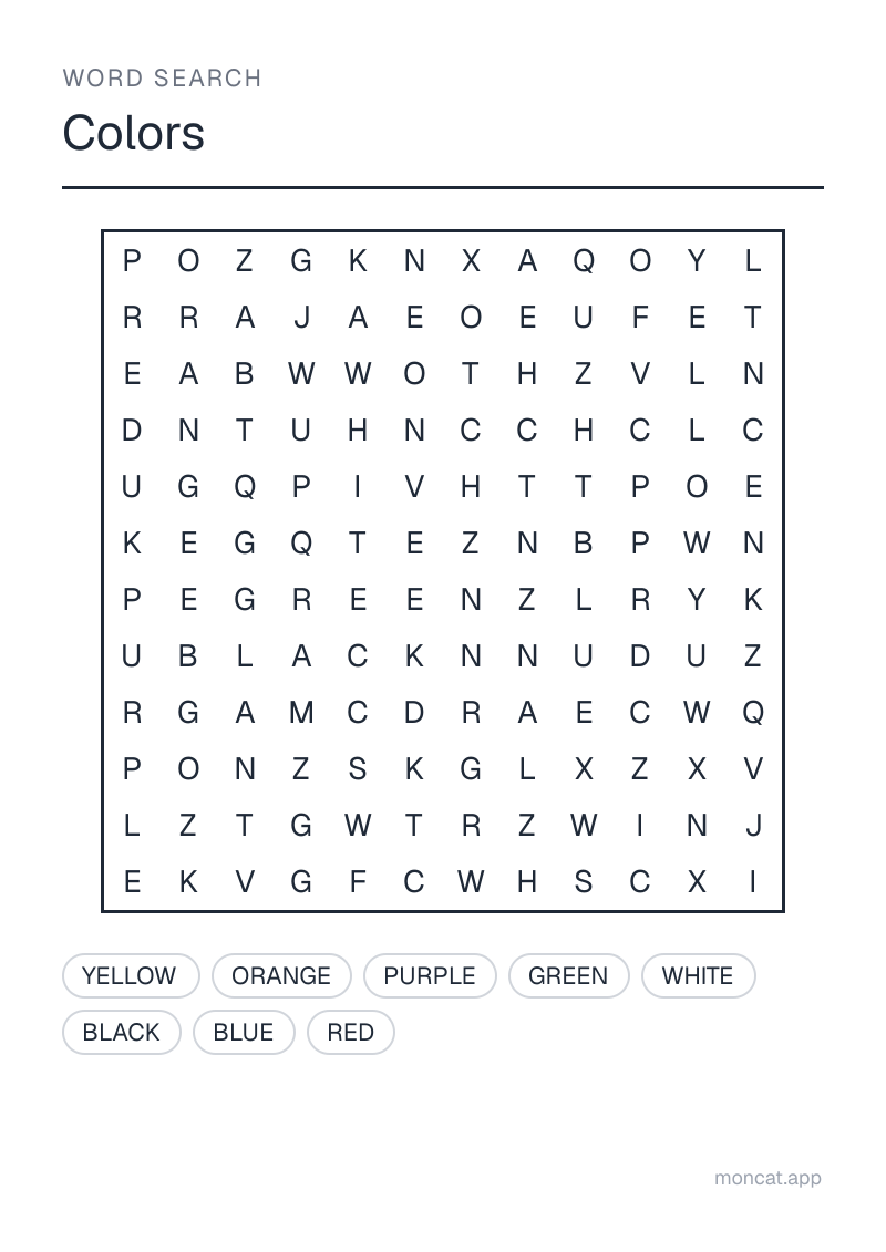 Sample printable Word Search on “Colors” with the words: red, blue, green, yellow, white, black, orange, purple