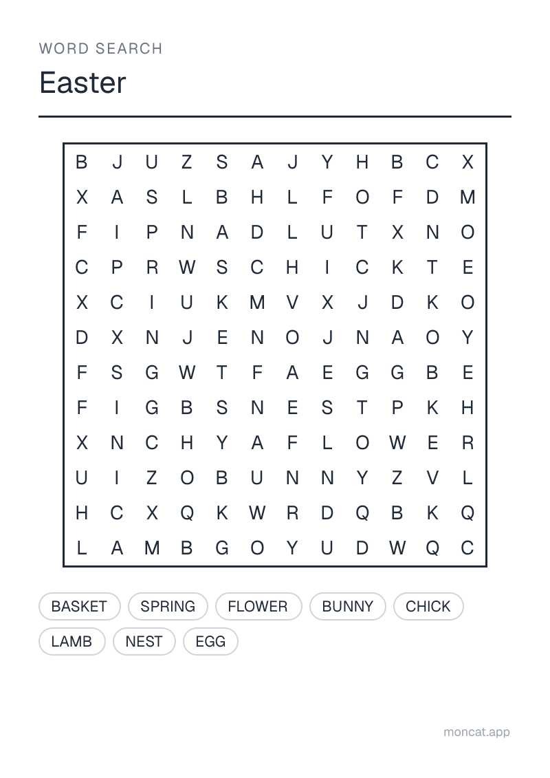 Sample printable Word Search on “Easter” with the words: egg, bunny, basket, lamb, chick, nest, spring, flower