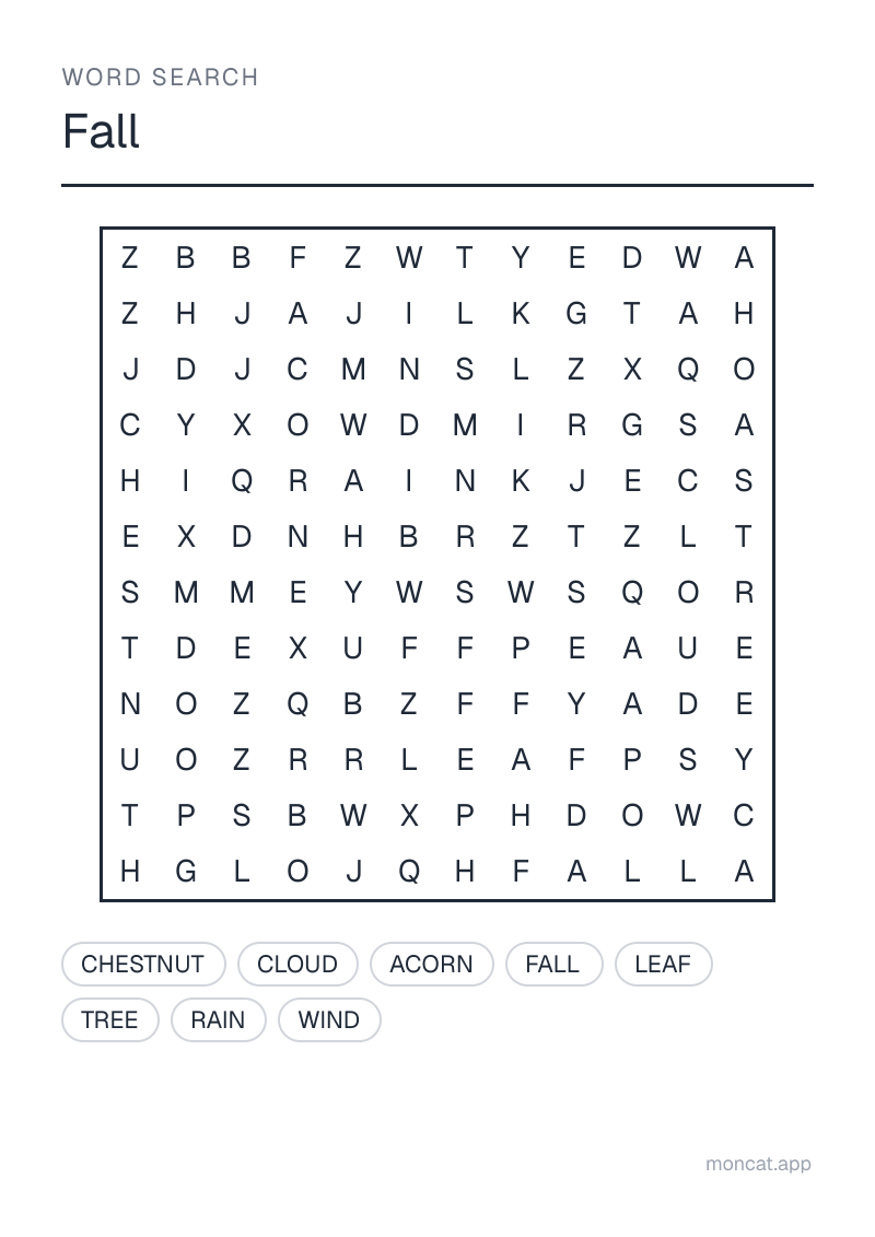 Sample printable Word Search on “Fall” with the words: fall, leaf, tree, rain, cloud, wind, chestnut, acorn