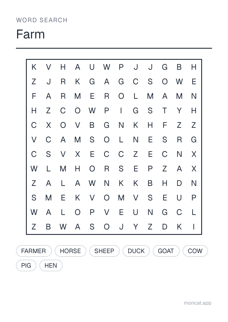 Sample printable Word Search on “Farm” with the words: farmer, cow, horse, pig, sheep, hen, duck, goat