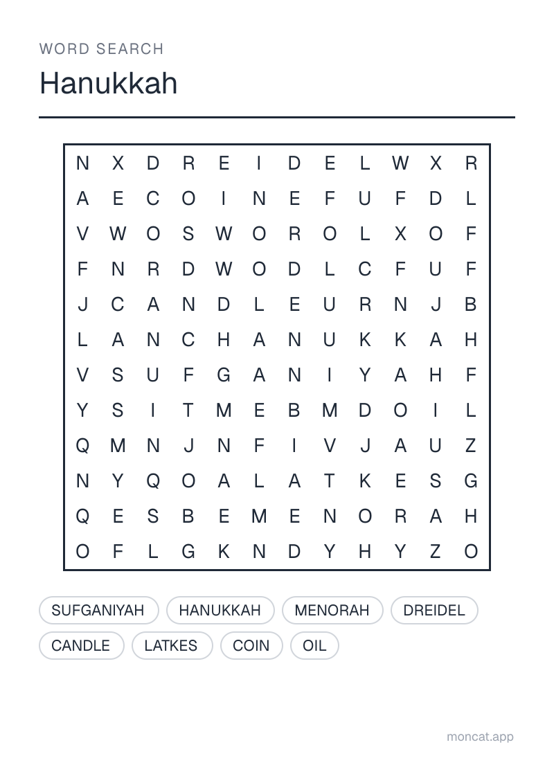 Sample printable Word Search on “Hanukkah” with the words: hanukkah, menorah, candle, dreidel, latkes, sufganiyah, oil, coin