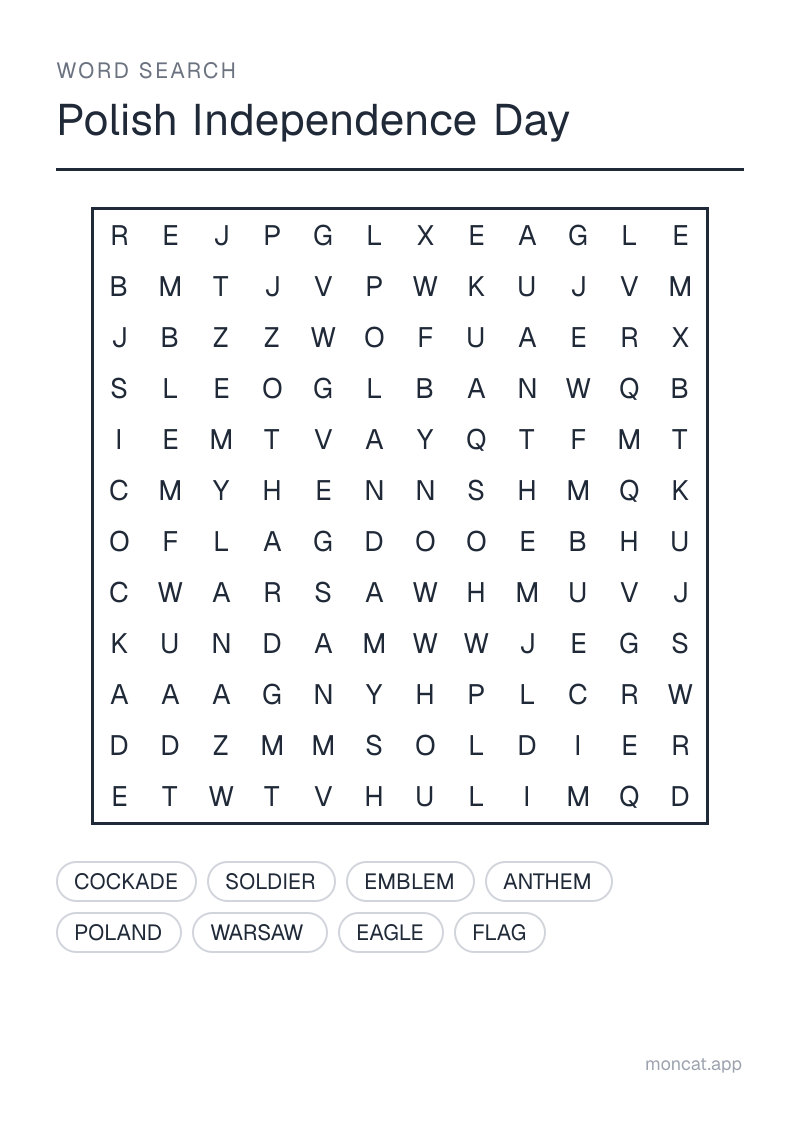 Sample printable Word Search on “Polish Independence Day” with the words: flag, emblem, eagle, anthem, cockade, poland, warsaw, soldier