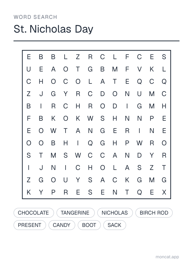 Sample printable Word Search on “St. Nicholas Day” with the words: nicholas, present, boot, birch rod, candy, chocolate, tangerine, sack